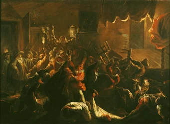 La Tripotiere szorongása összetört bútorainál, Paul Scarron (1610-60) „Roman Comique” című művéből, 1712-16